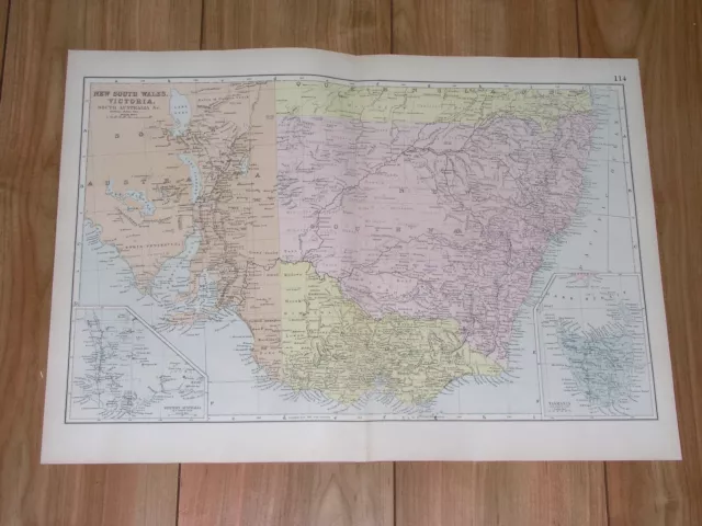 1891 Antique Map Of New South Wales Sydney / Victoria Melbourne South Australia