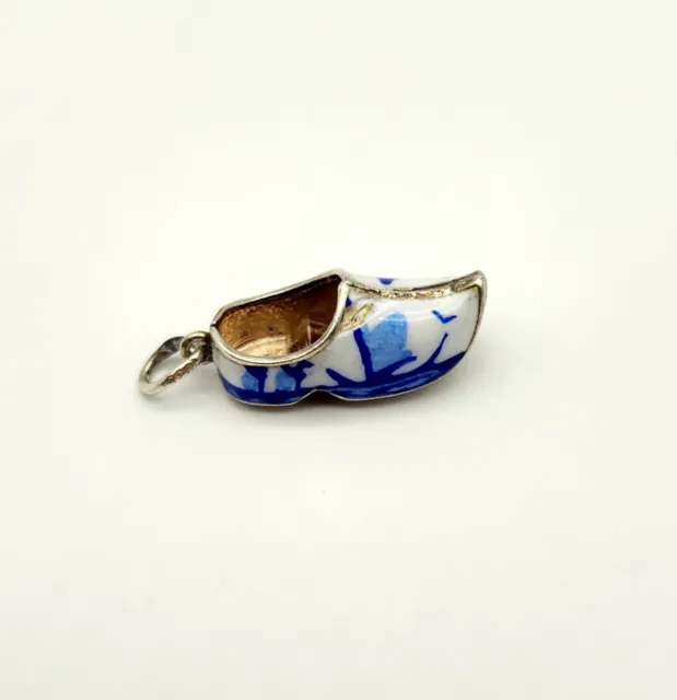 Vintage 835 Sterling Silver Delft Holland Blue Windmill Enamel Clog Charm Pendan