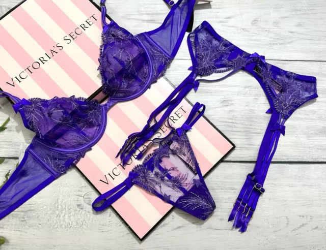 VICTORIA'S SECRET BRA Set Leaf Embroidery Open Demi Cup Ring Thong