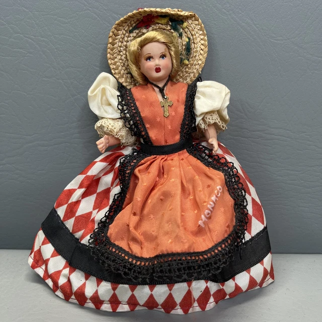 Vintage Antique French Celluloid Doll Ethnic Costume Monaco Straw Hat Red