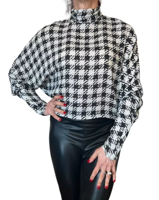 McQ ALEXANDER MCQUEEN HOUNDSTOOTH TURTLENECK  TOP DOLMAN BLACK WHITE WOOL 40 4