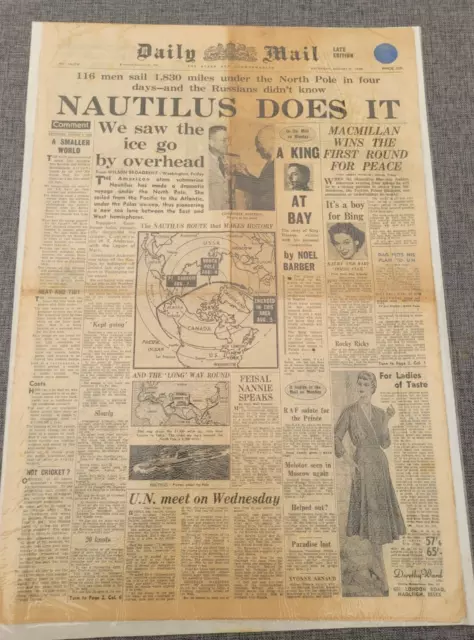 Daily Mail Nautilus Nuklear-U-Boot Unter Nordpol Zeitung 9. Aug 1958