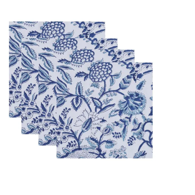 Indian Hand Block Print 100% Cotton Voile Fabric Napkins Set 48 Pc Blue Floral