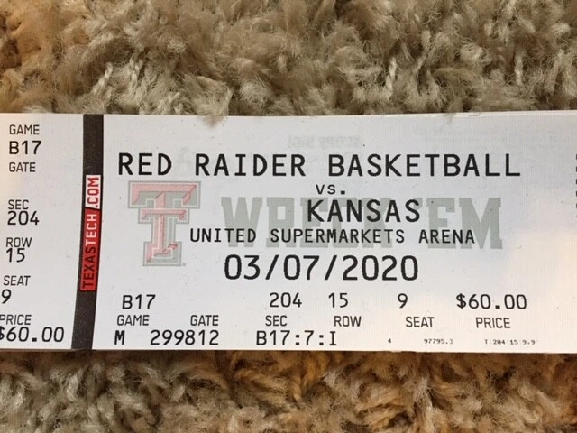 Kansas Jayhawks @ Texas Tech Red Raiders Basketball Ticket Stub 3/7/20