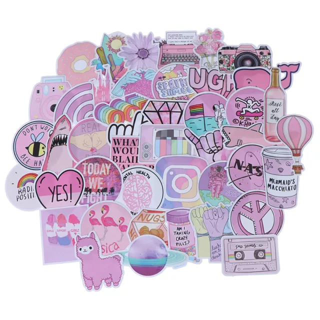 53Pcs Kawaii pink fun stickers luggage scrapbook suitcase laptop car stickerH`uk
