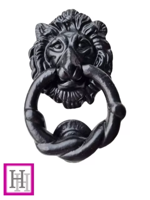 Front Door Knocker - Cast Iron Large Lion Head Antique Black - Fancy & Ornate