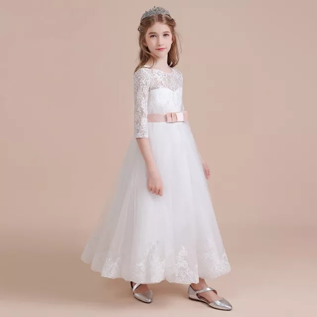 White Lace Tulle Flower Girl First communion Dress Birthday Party Princess Gown