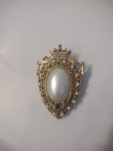 Large 3" Elaborate Crown Pearl And Gold Tone Victorian Georgian Era Brooch