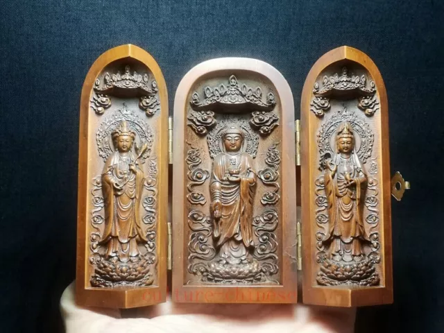 Japanese boxwood hand carved 3 Buddha Avalokitesvara Figure statue collectable