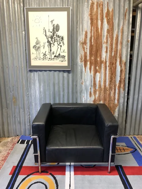 Vintage Le Corbusier Style LC3 Armchair Chair Black Leather Chrome Frame MCM