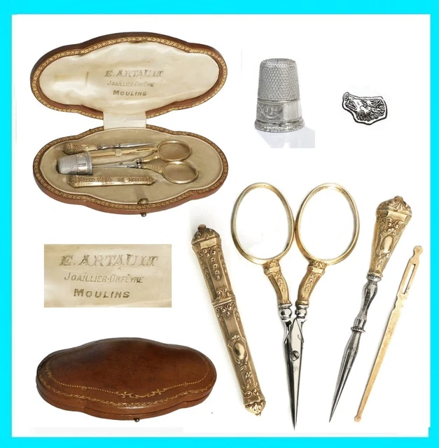 Ancien petit nécessaire set de couture ARGENT Ciseaux brodeuse à Coudre écrin