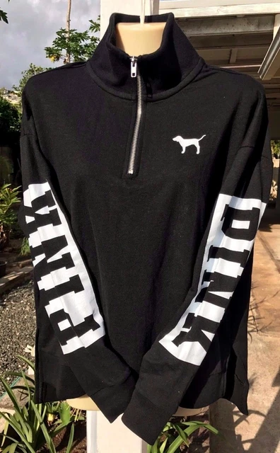 VICTORIA SECRET PINK Black White Half Zip Side Slit HI Lo Pullover Jacket XS NEW