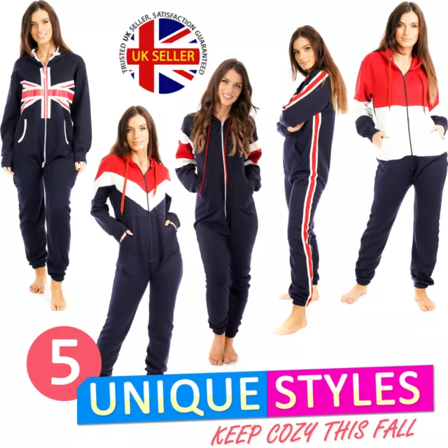 Unisex Ladies UK Flag Zip Up 1Onesie One Piece All In One Fleece Hooded Jumpsuit