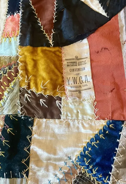 Antique Crazy Quilt c1800s  Embroidery Dog Flowers YWCA Handmade Signed Lace 3