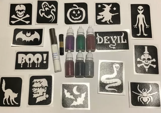 Halloween Glitter Tattoo Kit Stencils/Puffers/Glue Ghost Pumpkin Witch Skull