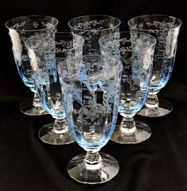 6x Vintage Fostoria Navarre Blue Crystal Water Tumblers Iced Tea Glasses 5 7/8"