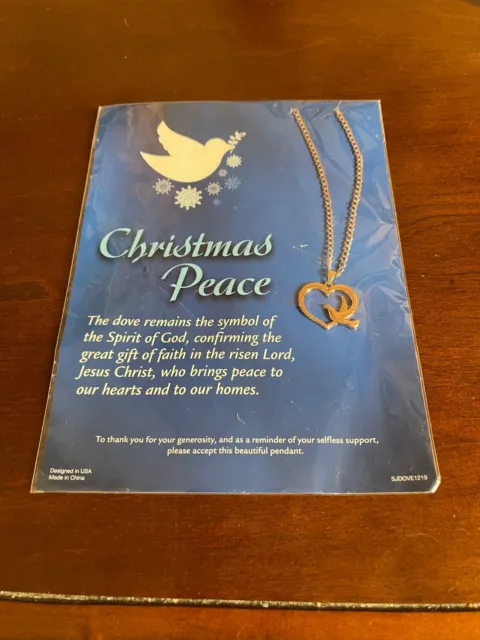 NIP Christmas Peace Spirit of God Pendant Necklace - Heart & Dove in Gold Tone