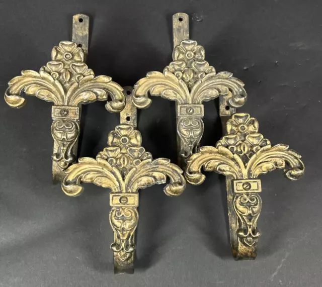 Set 4 Antique 1920s Gilt Metal Floral Leafy Drapery Tie or Hold Backs marked CNP