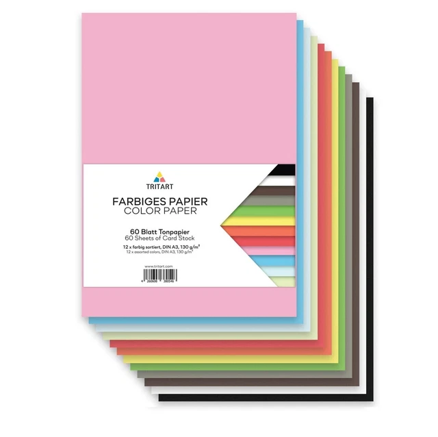 Tritart Buntpapier A3 130g /m² 60 Blatt festes Bastelpapier voll durchgefärb Neu