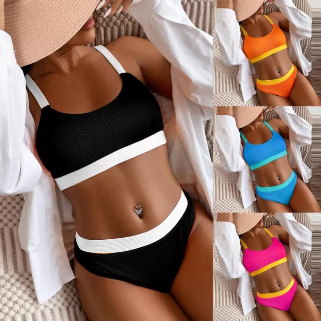 Ensemble bikini tricoté bloc couleur tendance 2 pièces maillot de bain jambe h