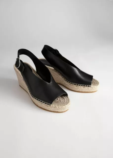 NEW & Other Stories Black Leather Espadrille Wedge Peep Toe Sandal Size 39 (8.5)