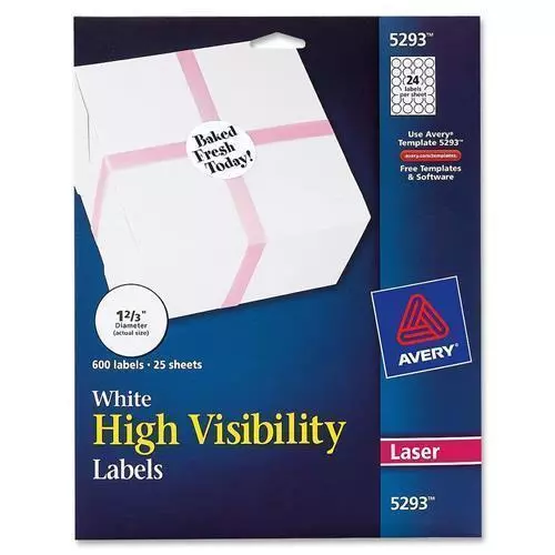 Avery 5293 High Visibility Label - 600 / Pack - Circle - 24/Sheet - Laser - Whit