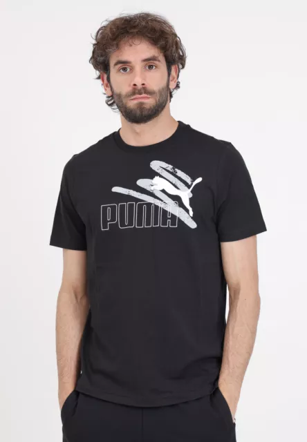 PUMA T-shirt Uomo Nero MANICA CORTA T-shirt sportiva nera da uomo Ess+ logo
