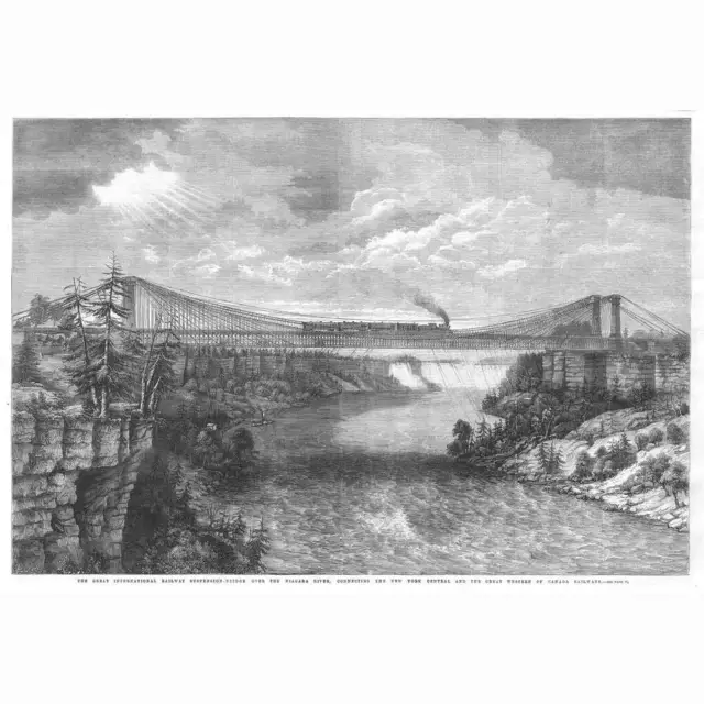 CANADA Railway Suspension Bridge over the Niagara River - Antique Print 1862