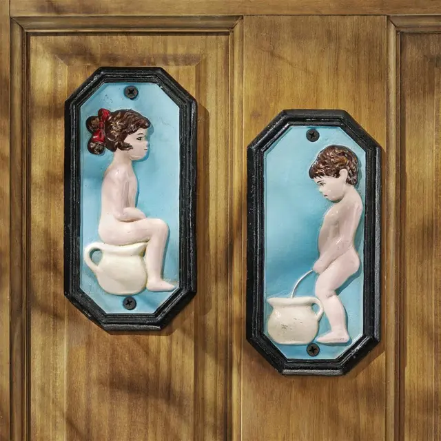 Design Toscano Tinkle Twins Bathroom Cast Iron Restroom Wall Plaques
