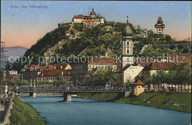 11999207 Graz_Steiermark Mur Bruecke Schlossberg Uhrturm Wahrzeichen Graz_Steier