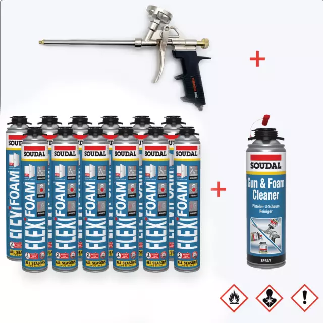 Kombiset Soudal Flexifoam Fensterschaum Flexschaum 750ml mit Reiniger + Pistole