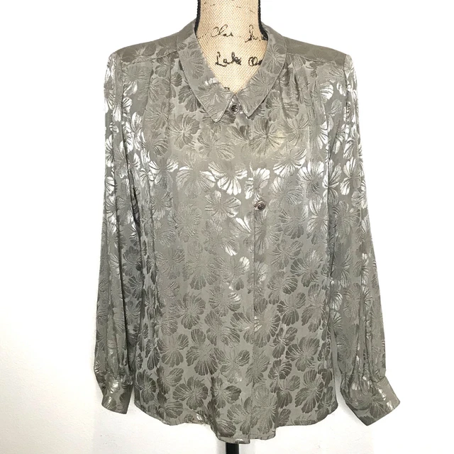 VTG Carole Little Petites Saint-Tropez West Blouse Size 8 Gray Floral USA Career