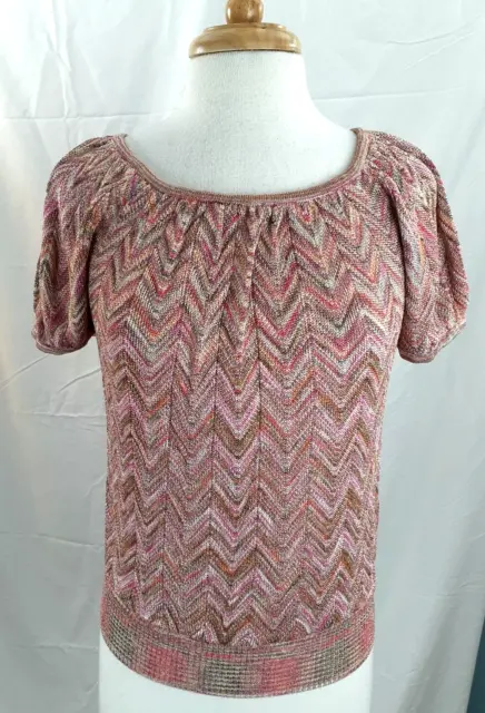 INC International Concepts Med Chevron Stripe Metallic Pink Brown Knit  S/S Top