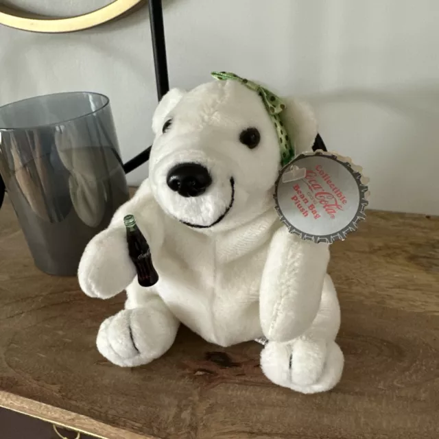 Coca Cola Polar Bear With Green Bow Bean Bag Plush NWT #0153 1997