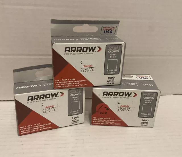 3 Packs Arrow #609 Wide Crown (3/8) 25 Gauge Staples 9/16" (14mm)  Long 1000/PK