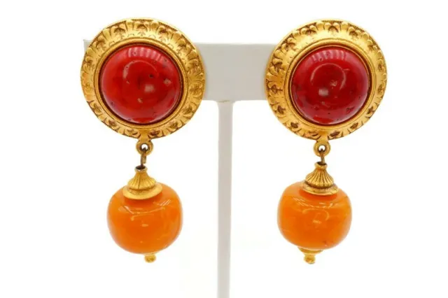 Vintage Ben Amun Dangle Clip On Earrings Gold Tone Faux Coral Amber Signed