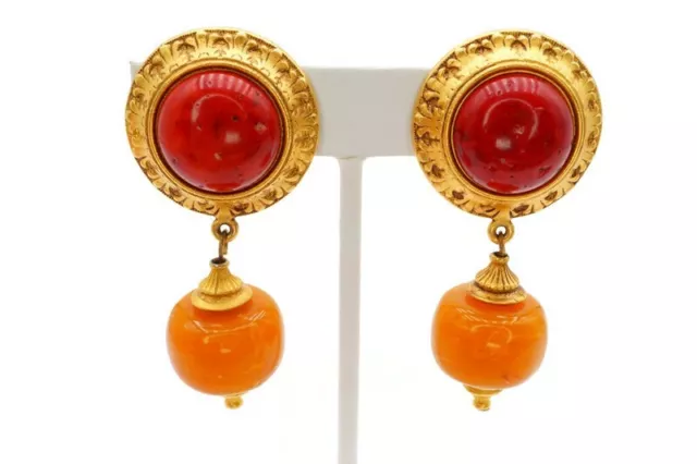 Vintage Ben Amun Dangle Clip On Earrings Gold Tone Faux Coral Amber Signed Vintage Ben Amun Dangle Clip On Earrings Gold Tone Faux Coral Amber Signed
