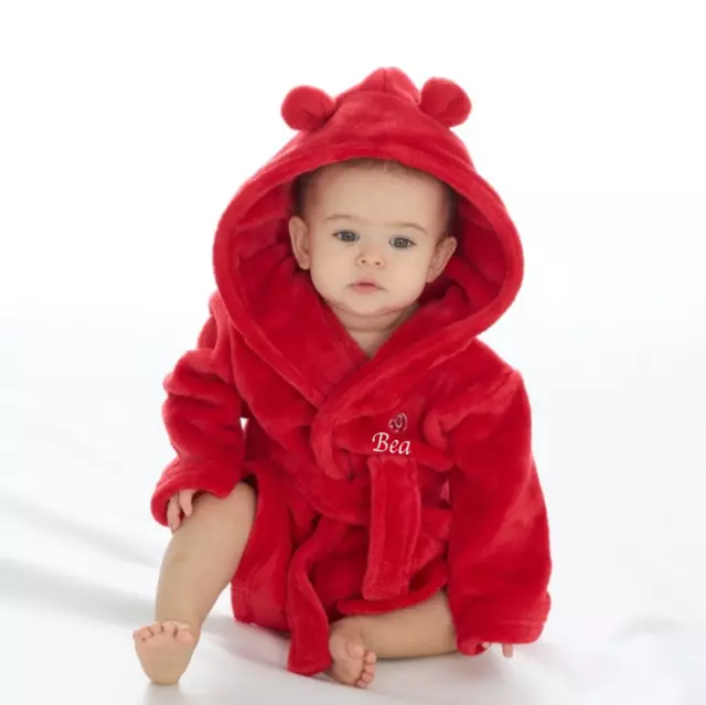 Personalised Babies Red Dressing Gown | Hooded Fleece Bath Robe