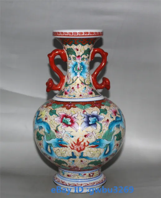 Chinese Cloisonne Porcelain hand painting Dragon Vase w Qianlong Mark 20544