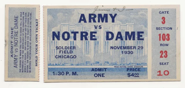 Rare 1930 University of Notre Dame vs. Army ticket and stub; college football #1