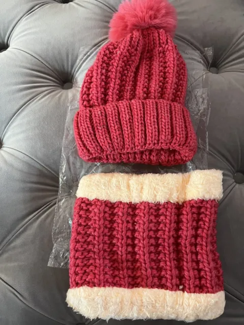 Girls winter hats scarf set 2pc pink Pom Pom Fake Fur Soft Warm 2-7