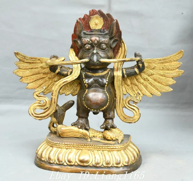 9''Tibet Tibetan Bronze Gilt Redpoll Geflügelt Garuda Vogel Adler Buddha Statue