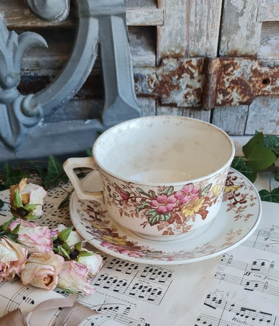 Tasse Ancienne K&G Lunéville, Motif Rose, Jardin, Fleur, Oiseau, Porcelaine Vintage