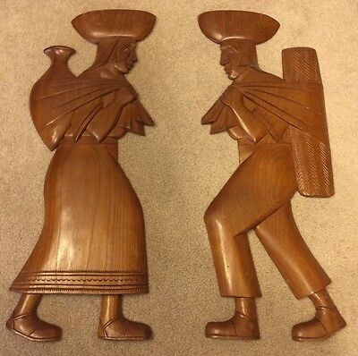 PAIR OF MID CENTURY MODERN Wood WALL PLAQUES Carved - ONE MAN ONE WOMAN 27 High