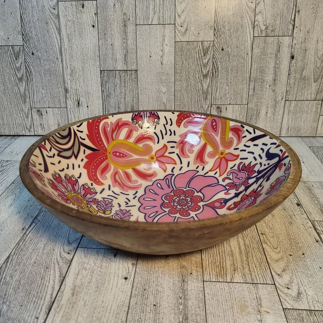 Mango Wood Bowl Lacquered Interior Bowl Flowers Handmade Floral India As Is