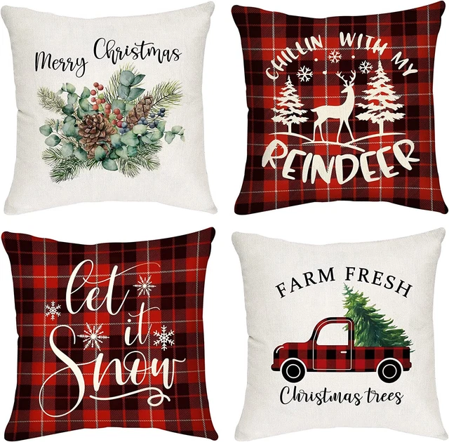 Juego de 4 fundas de almohada de Navidad 18x18 Let It nieve, camión rojo, renos, piñones