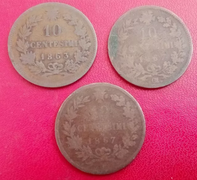 Lot De 3 Pièces De 10 Centimes Vittorio Emanuele II 1863 & 1867 Atelier M. Milan