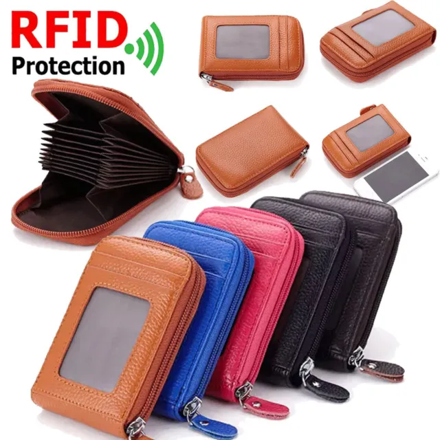 Women Men Purse Leather ID Credit Card Holder RFID-Blocking Small Zipper Wallet