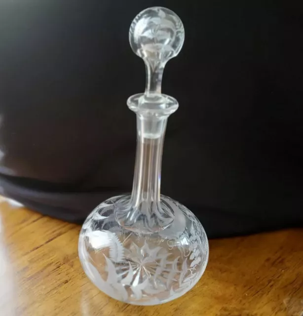 Antique 19th Cent. Victorian Fern Etched Glass Decanter, Engraved Wedding 1872