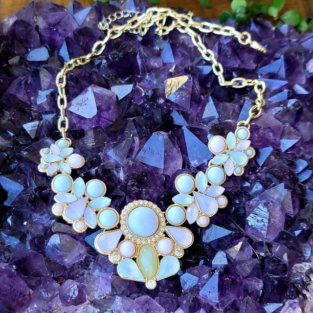 Vintage Statement Bib Necklace Pastel Lucite Stone Bead Pave Rhinestone Sizable